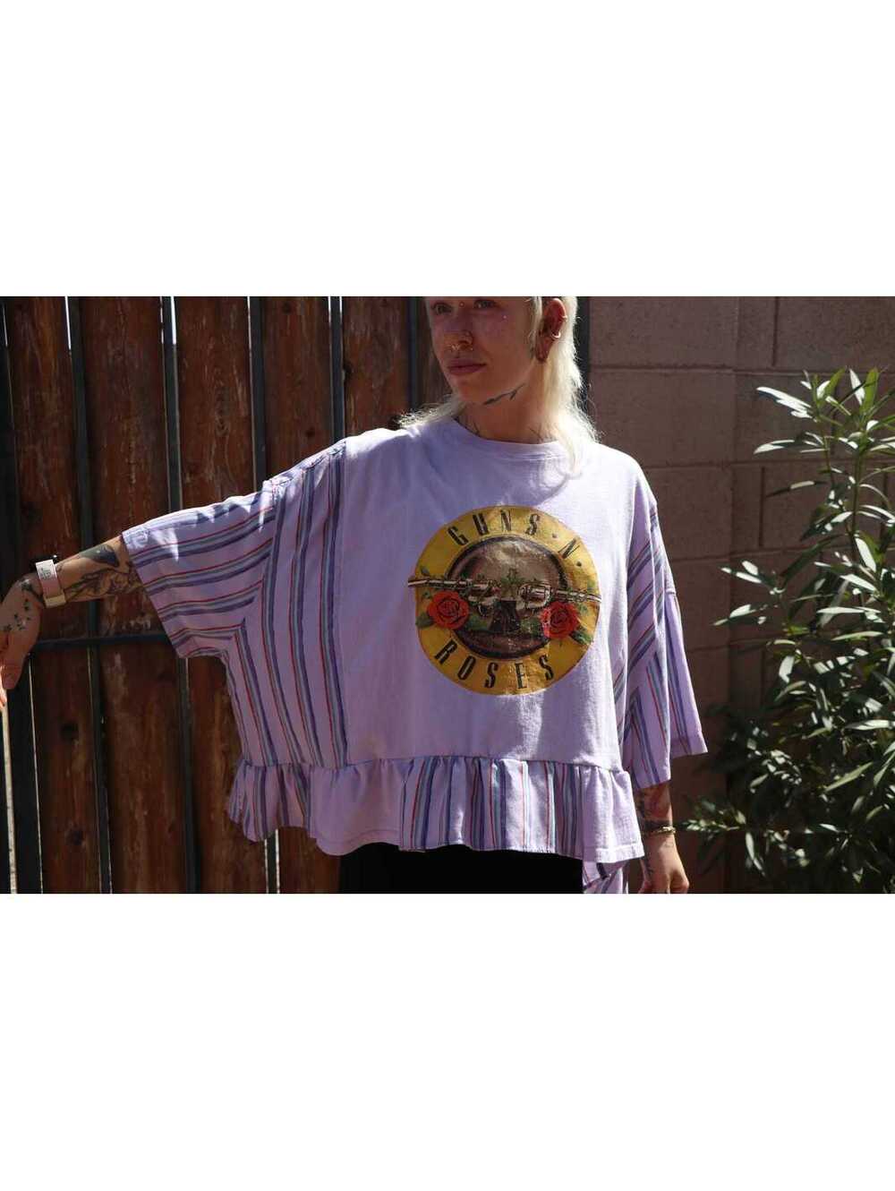 Upcycled Ruffled Trim Striped Men's Top Guns n Roses Purple Oversized  Top M-XL